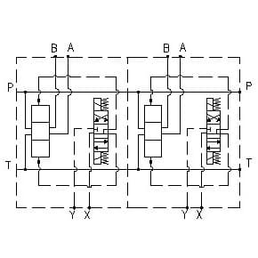 EM208/Y - Parallel connection with Ports A-B on Side 1 1/4, P – 1 1/4, T – 1 1/2, without pressure relief valve (RV)